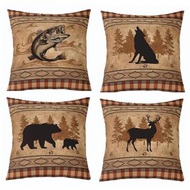 Imagem de Feelyou Capas de almofada de urso 40,6 cm x 40,6 cm Conjunto de 4 capas de almofada de peixe rústico macio decoração veado fronha Farmhuse lobo marrom interno externo