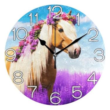 Imagem de GAIGEO Relógio de parede decorativo analógico para sala de aula, relógio de escritório, redondo, sem tique-taque, silencioso, moderno, decoração de parede, cavalo fofo, animal, roxo, floral, 25 cm