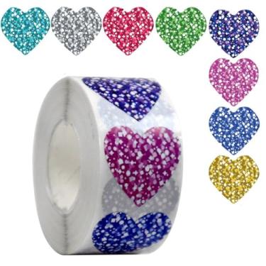 Imagem de 1 rolo de adesivos coloridos em forma de coração - 500 peças de adesivos de amor com glitter para o dia dos namorados, ideal para sala de aula, recompensa, casamento, aniversário, convites, envelopes