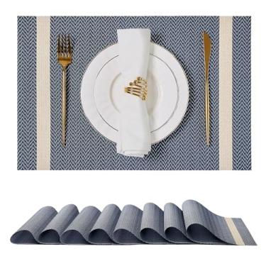 Imagem de Leetaltree Jogo americano listrado metálico, conjunto de 8, tapetes de PVC com fios dourados, tapetes de mesa laváveis à prova d'água para balcão de cozinha, jogo americano sem rugas (azul escuro e