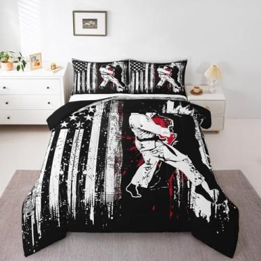 Imagem de Manfei Conjunto de edredom queen de jiujitsu, estampa da bandeira americana, 3 peças, edredom esportivo de judô japonês para todas as estações, decoração de quarto de crianças, meninos e adultos, 2