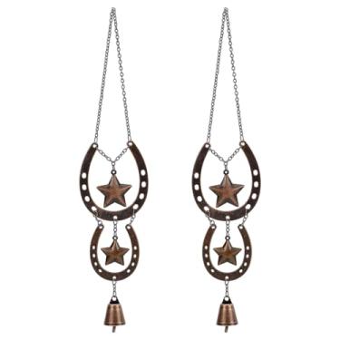 Imagem de WEBEEDY 2 peças de decoração para pendurar em ferradura ocidental de metal, ferradura da sorte, sino de vento, rústico, ocidental, com sino de bruxa estrela, para ambientes internos e externos, jardim