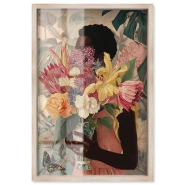 Imagem de Woman Basked in Flowers Shadowbox Print Floral Glam Wall Art por Art Remedy, moldura loira, 43 x 63 cm
