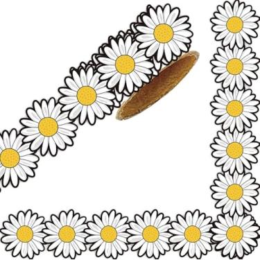 Imagem de Whaline Bordas de quadro de avisos de margarida de 10 m, acabamento de borda enrolada com margarida branca e amarela para decoração de parede de quadro negro de volta às aulas