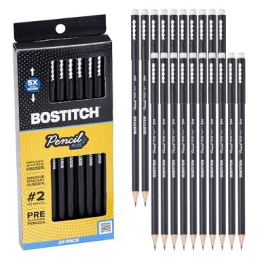 Imagem de Bostitch, Lápis com caixa de madeira Plus, borracha retrátil, madeira de cedro americano, nº 2 HB, redondo, preto fosco, pré-afiado, pacote com vinte