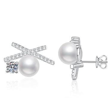 Imagem de Rostisla Brincos de pérola S925 prata esterlina pérola de água doce design em forma de X 0,6 quilates D-color moissani diamante pérola brincos