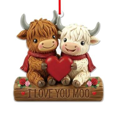 Imagem de WhatSign Enfeite de vaca Highland Dia dos Namorados - I Love You Moo Trocadilho coração decorativo decoração única vívida casal vaca lembrança para aniversário, casamento, festa em casa presente