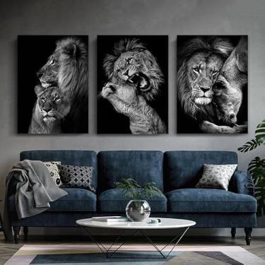 Imagem de Arte de parede em tela de família de leão, pôsteres modernos de animais pretos e brancos, conjunto sem moldura para decoração de corredor de quarto, sala de estar, 20 x 30 cm
