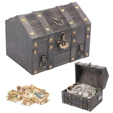 Imagem de Tcwhniev Caixa de tesouro, baú de tesouro de madeira vintage com trava de metal grande capacidade caixa de armazenamento de joias de madeira retrô organizador retangular para mulheres anel colar