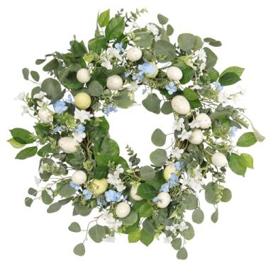 Imagem de Quixem Guirlanda de Páscoa de 50 cm para porta da frente, guirlanda de eucalipto de primavera com flores silvestres azuis e ovos salpicados creme, decoração de férias de verão de fazenda
