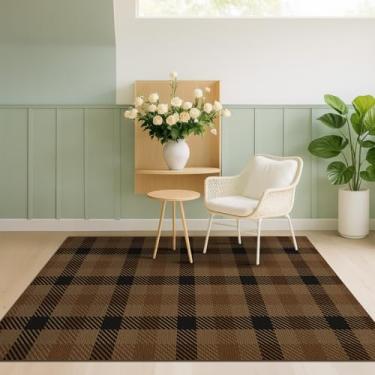 Imagem de Tapete neutro de 10 x 15 cm com suporte de borracha para sala de estar - Tapete xadrez marrom de juta fácil para entrada, cozinha, decoração rústica de terra e café