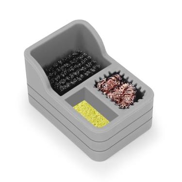 Imagem de Kit de limpeza de ponta de ferro de solda com lã de latão, esponja, escova de aço em suporte de silicone cinza – Limpador resistente ao calor e arranhões para solda, reparo eletrônico, projetos DIY