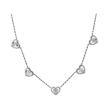 Imagem de Colar De Luxo Feminino Em Prata S925 Com 5 Corações Vazados E Zircônia