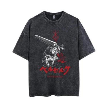 Imagem de Camiseta Masculina Retrô Hip Hop Vintage Lavada Com Estampa De Anime H