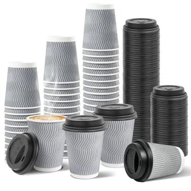 Imagem de Ginkgo Pacote com 100 xícaras de café de papel com tampas, copos quentes descartáveis de parede dupla com isolamento ondulado de 227 g para bebidas quentes, lattes, copos de viagem, pequeno, cinza