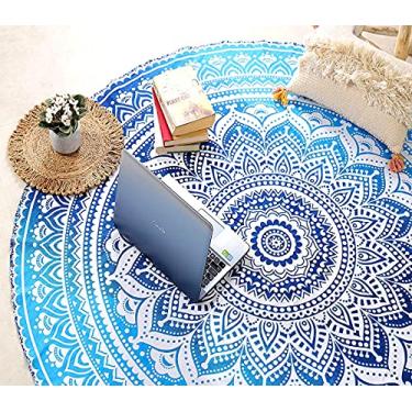 Imagem de Raajsee Tapeçaria de praia redonda azul aqua Hippie/Boho manta de praia redonda/algodão indiano boêmia toalha de mesa redonda/tapete de ioga tapetes de piquenique meditação 177,8 cm círculo