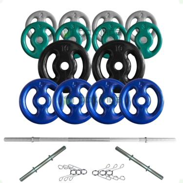 Imagem de Kit 60 Kg de Anilhas Emborrachadas + 2 Barras Maciças Zincada 40cm e Barra de 150cm-Unissex