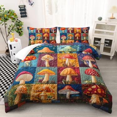 Imagem de AILONEN Conjunto de edredom de cogumelo colorido, tamanho Queen, desenho animado, natureza, fungo selvagem, com 2 fronhas, 3 peças, lindo conjunto de cama para crianças