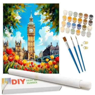 Imagem de Kit de pintura por números City Landmark para adultos - DIY Big Ben e London Tulip Garden Painting em tela enrolada 40,6 x 50,8 cm, conjunto de tinta acrílica, adequado para iniciantes, arte para
