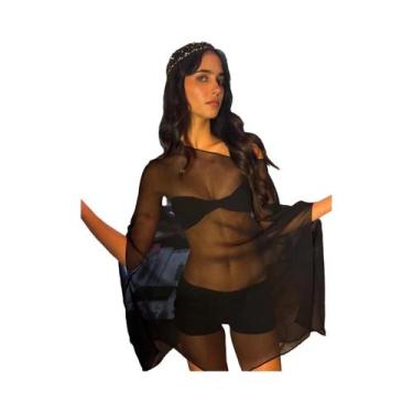 Imagem de Camiseta Feminina Sexy Com Decote Redondo, Solta, Transparente, Em Chi