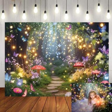 Imagem de Fundo de floresta encantada primavera fada borboletas cogumelo mágico país das maravilhas crianças menina fada chá festa aniversário chá de bebê decoração fantasia tema evento suprimentos 18 x 1,5 m