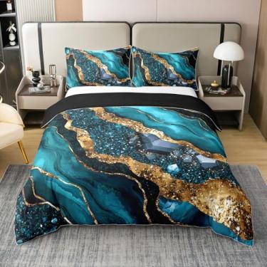 Imagem de Erosebridal Jogo de cama Queen com estampa de mármore 100% algodão, azul petróleo, para crianças, meninos, meninas, adultos, estética, marmorizado, aquarela, abstrato, conjunto de cama 3 peças