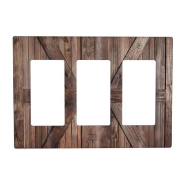 Imagem de TYIGBXFYO Capa decorativa para interruptores de luz decorativa rústica de casa de fazenda marrom com porta de celeiro Country 3 Gang Triple Rocker Placas elétricas de parede receptáculo placas