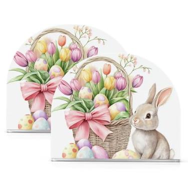 Imagem de Coelho de Páscoa fofo com ovos e cesta floral porta-guardanapos para dispensador de guardanapos de mesa porta-guardanapos de coquetel de acrílico decorativo suporte de guardanapo vertical para casa de