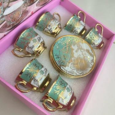 Imagem de Jogo 12 Peças: 6 Xícaras + 6 Pires de Porcelana Premium - Ideal para Café, Elegantes e Práticas para Residência e Bares (VERDE PREMIUM)