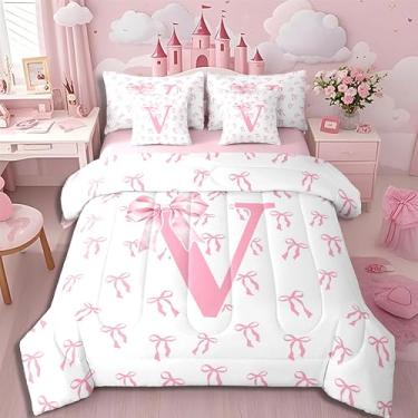 Imagem de Erosebridal Jogo de cama infantil de 7 peças, com laço e laço rosa e laço aquarela, monograma, lençol com elástico e nó de borboleta, lençol de cima
