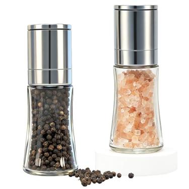 Imagem de ROLMZJX Conjunto de 2 moedores de sal e pimenta, pequenos moedores de cerâmica ajustáveis, moedor de especiarias e moedor de sal do Himalaia feito de vidro de alta qualidade e aço inoxidável com peças