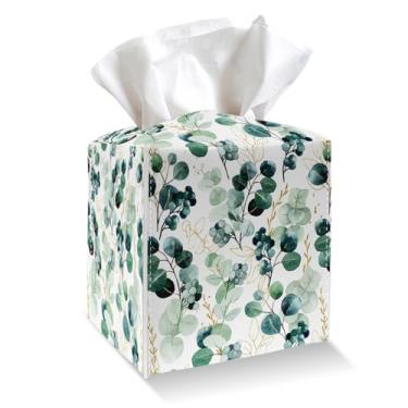 Imagem de Suporte para caixa de lenços de papel - Folhas de eucalipto, capa de caixa de lenços de couro PU com cinto inferior, organizador de papel facial quadrado para mesa, banheiro, cozinha, carro e