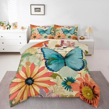 Imagem de Erosebridal Jogo de cama solteiro com borboleta azul, casa de fazenda, margarida, para quarto de crianças, botânico, jardim, floral, rústico, vintage, macio, quente, amarelo e azul
