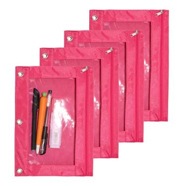 Imagem de SdeFe Estojo para lápis de tecido fichário com 3 anéis e zíper, pacote com 4 (rosa vermelho)