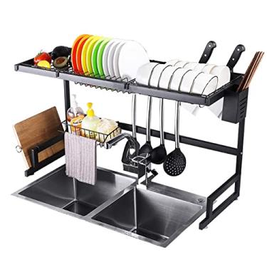 Imagem de Escorredor de pratos de aço inoxidável, escorredor de pratos com suporte de utensílios de drenagem, rack de pratos resistente à ferrugem, organizador de armazenamento de cozinha, economia de espaço