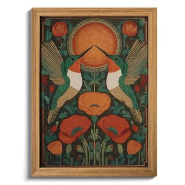 Imagem de Arte de parede de beija-flor vintage emoldurada, decoração de parede floral texturizada 3D, imagem artística de pássaro arenito desenhado à mão, arte botânica da natureza para sala de estar quarto