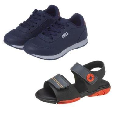Imagem de Kit 2 Pares Tênis Infantil Menino Escolar Marinho e Sandália Papete Preto Básica Kidstep-Masculino
