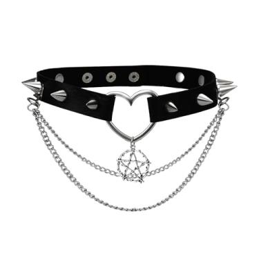 Imagem de OIDEA Gargantilha de couro em forma de coração para mulheres: gargantilha gótica punk preta com pingente de estrela de cinco pontas colar de corrente ajustável joias presentes