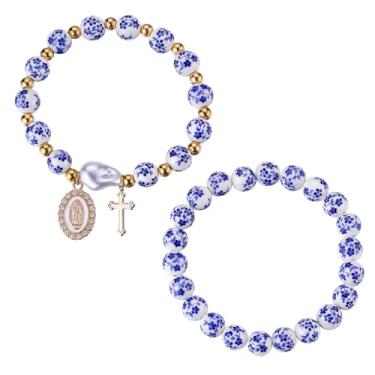 Imagem de Pulseiras femininas com contas cruzadas - 2 peças pulseiras elásticas feitas à mão Jesus com contas douradas delicadas joias românticas presente para cristãos, Free, Cristal, Cristal