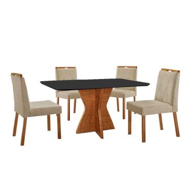 Imagem de Conjunto Sala De Jantar Mesa Madri 140x80cm Tampo Retângular Vidro Preto Com 4 Cadeiras Bela Linho Bege