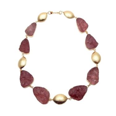 Imagem de DWBPGVUN 22 x 34 mm Quartzo morango banhado a ouro áspero contas escovadas gargantilha colar de cor roxa pedra preciosa