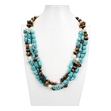 Imagem de DWBPGVUN Joias 3 fileiras de pedras azuis turquesas pedras brancas pérola olho de tigre colar 58 cm para mulheres