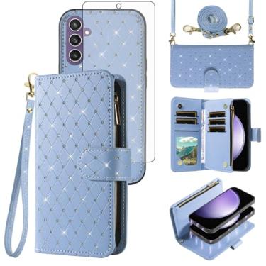 Imagem de Capa carteira compatível com Samsung Galaxy S23 FE 5G com zíper e protetor de tela de vidro temperado alça transversal flip flip porta-cartões capa de telefone para mulheres S 23 EF S23FE 23S azul