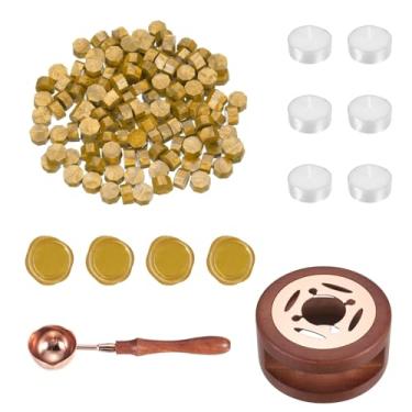Imagem de PATIKIL Kit de lacre de cera, 150 peças de contas de vedação de cera, aquecedor de madeira, colher derretida, 6 peças de velas Tealight para artesanato de correspondência de envelope DIY, ouro