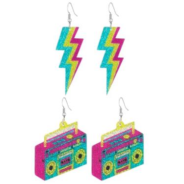 Imagem de Brincos de raio neon retrô anos 80 anos 90 acrílico pingente gota brilhante festa fantasia joias para mulheres, Medium, Metal, Sem pedra preciosa