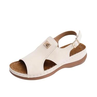 Imagem de Sandálias femininas vazadas Baotou com metade inferior grossa salto plataforma sapatos casuais confortáveis feitos de material PU, Bege, 34