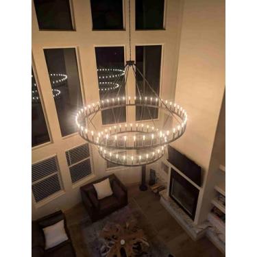 Imagem de SUSVQLXG Lustre de roda de vagão preto grande de 2 andares, lustre industrial para casa de fazenda, luminária pendente rústico, lustres de roda extragrandes para tetos altos (preto, 177 cm, 40 luzes)