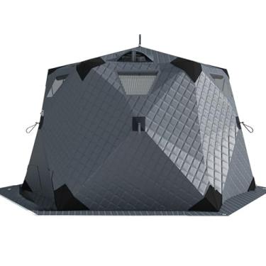 Imagem de Capa de chuva para barraca de pesca no gelo hexagonal | Abrigo isolado para pesca no gelo com macaco de fogão, 2 portas e 4 janelas, equipamento de pesca de inverno de algodão engrossado