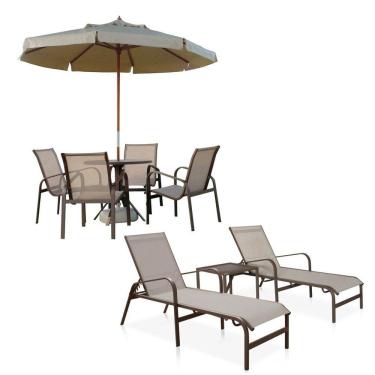 Imagem de Conjunto 1 Mesa + 4 Cadeiras + 2 Espreguiçadeiras + 1 Mesinha De Centro - Marrom e Café Com Leite