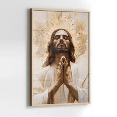Imagem de Quadro com Moldura e Acrilico Cristal Vidro Jesus Oração para Sala, Qu
